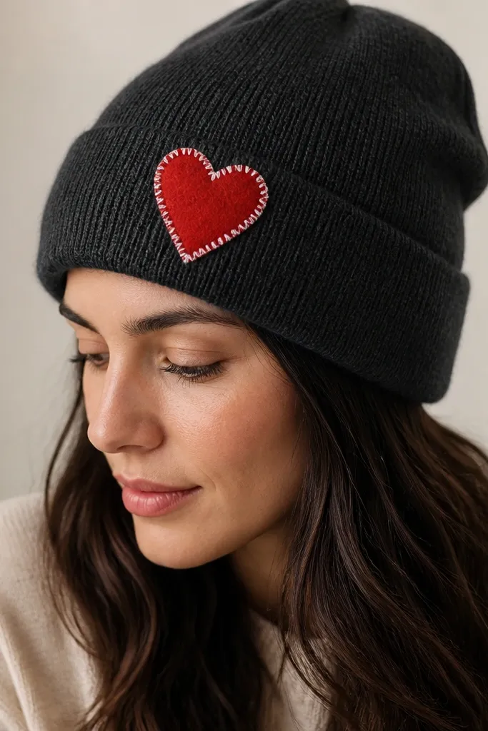 A charcoal beanie with a stitched-looking heart patch band made from red felt. The patch is centered and has a clean zigzag edge, with a small white thread outline around it.