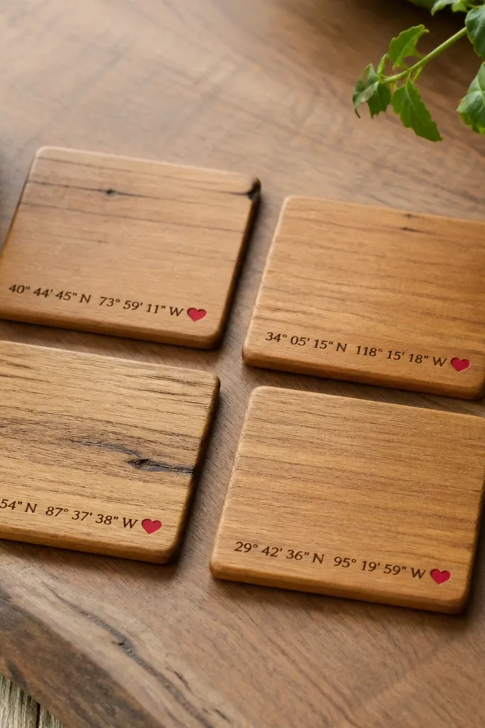 Four square coasters made from reclaimed wood, each with a burned-in set of coordinates and a tiny red heart symbol at the corner. The wood has a warm honey tone with a clear matte finish.
