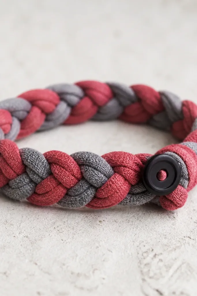 A bracelet made from braided strips of faded red and gray t-shirt fabric, wrapped into a chunky band. A small black button closure sits at one end, and the braid looks slightly fuzzy like jersey.