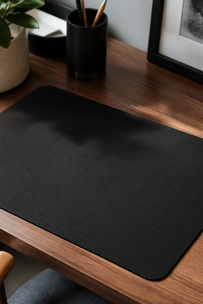 A black desk mat with a small heart icon in muted red vinyl placed in the top right corner. The vinyl edges look crisp and flat, and there's a subtle grid texture on the mat.