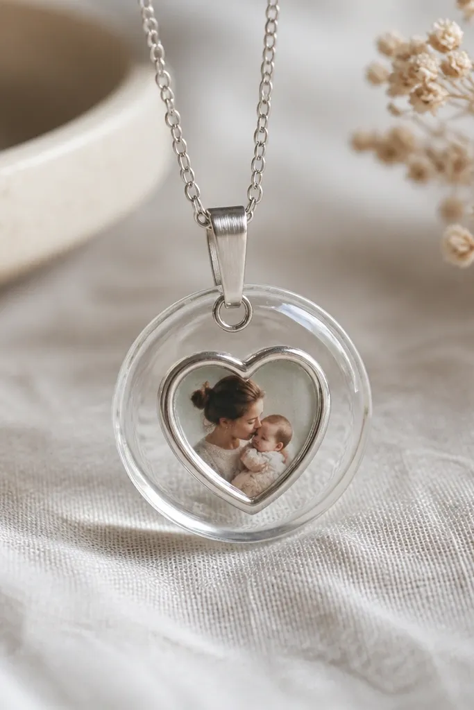 A clear resin pendant shaped like a coin with a heart-shaped frame inside, containing a tiny photo. The pendant has a brushed silver bail and sits on a thin chain.