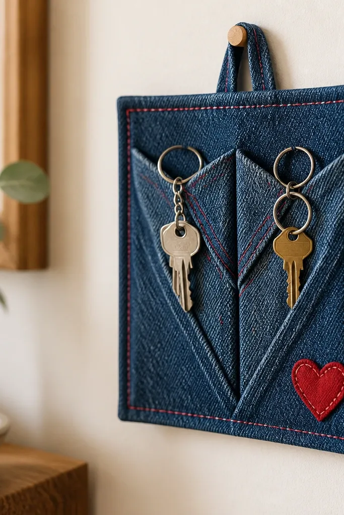 A small wall-hanging denim pocket organizer with two key slots made from folded denim. The organizer has a red topstitch border and a small fabric heart patch near the corner.