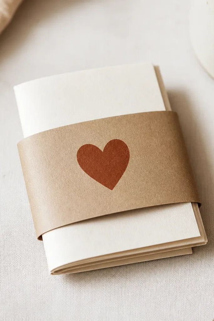 A paper coffee sleeve wrapped around a small bundle of folded notes, with black typography and a rust-red heart icon. The sleeve looks like a store product, with clean edges and a belly band closure.