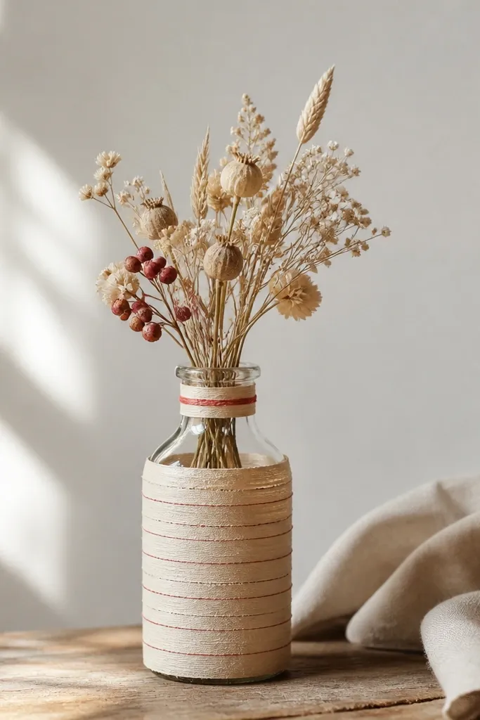A clear glass bottle turned into a mini vase, wrapped in thin strips of beige washi tape with thin red thread lines. A small bouquet of dried flowers sits inside, and the wrap ends at the neck with a neat band.