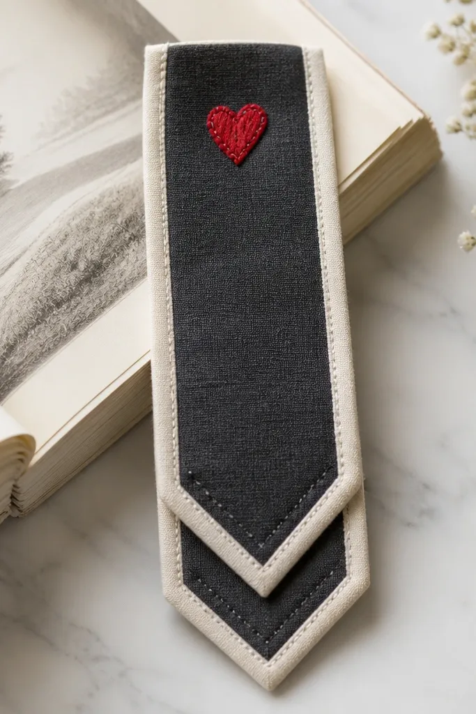 A fabric bookmark in dark gray with a small red heart stitched at the top. The bottom has a layered triangle shape, and the edges look bound with cream bias tape.