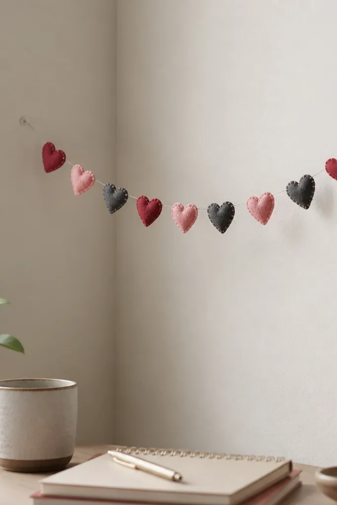A tiny felt garland with 10 small hearts strung on clear thread, hanging in a corner near a desk. The hearts are in muted red, blush, and charcoal felt, each with a stitched edge.