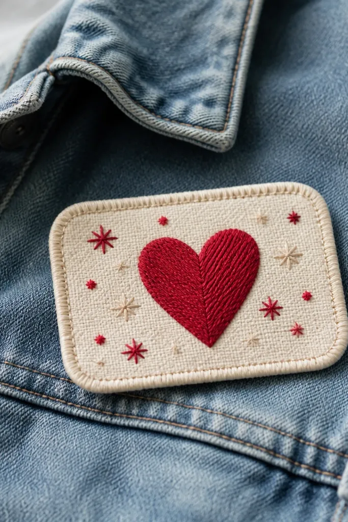 A small sew-on patch shaped like a rounded rectangle, made from cream fabric with a red stitched heart and tiny stitched stars. It sits ready to be ironed or sewn onto a denim jacket.