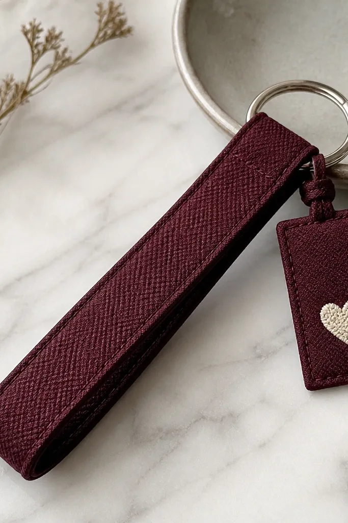 A keychain made from a repurposed skinny tie in deep burgundy, folded and stitched into a slim strap. A small rectangular fabric tag hangs from the ring with a stitched message and a cream heart icon.