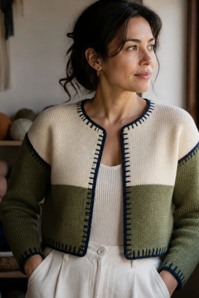 Cream and cobalt cropped cardigan with knit-look crochet edges