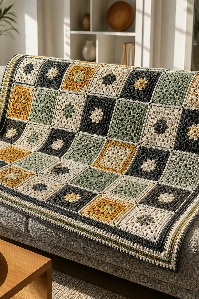 Cream and charcoal granny square throw with a clean border grid