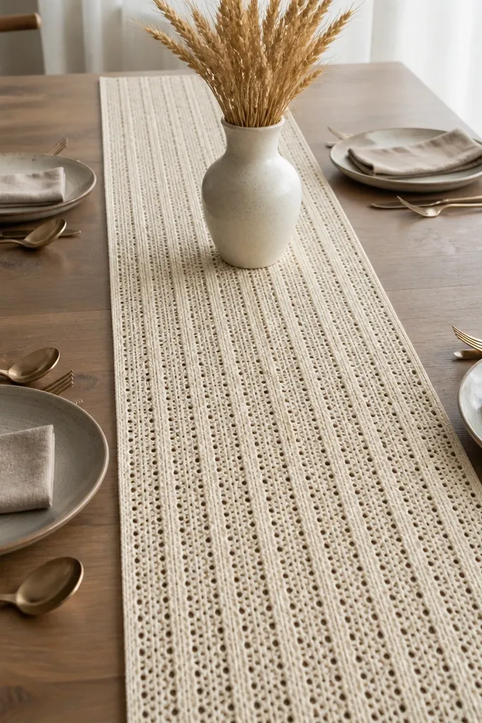 White broomstick lace table runner with straight pinned edges