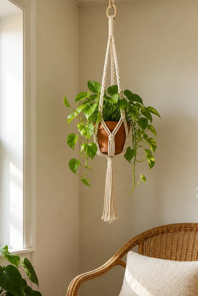 Macrame-style crochet plant hanger in natural yarn with a clean loop top