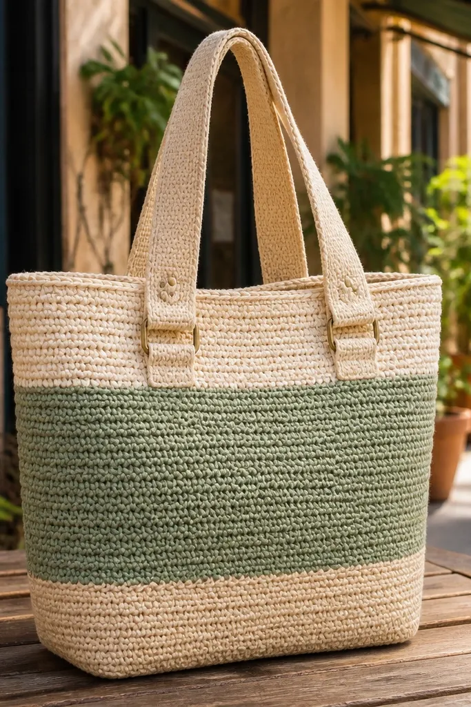 Oat-colored crochet market tote with wide handles and structured bottom