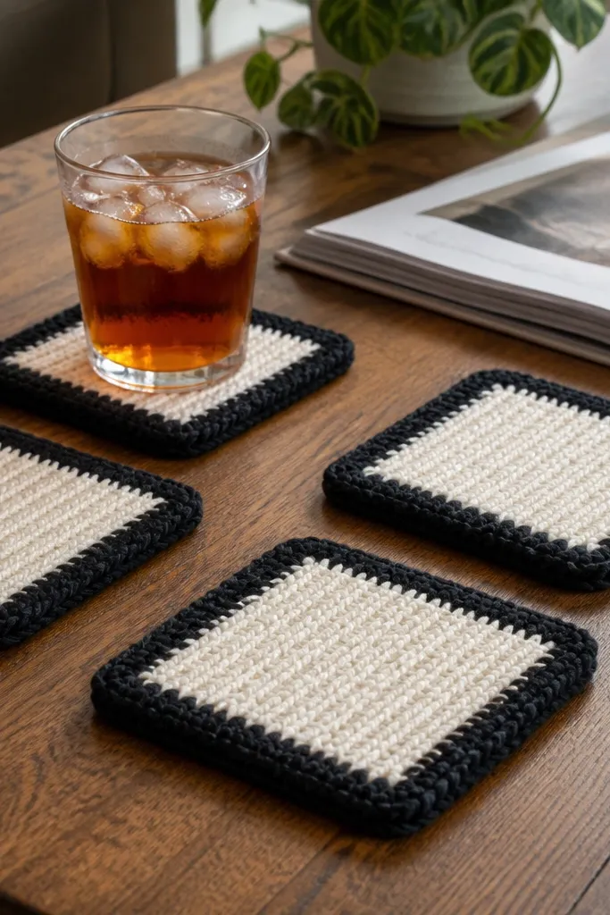 Set of square crochet coasters with cream centers and dark contrast borders