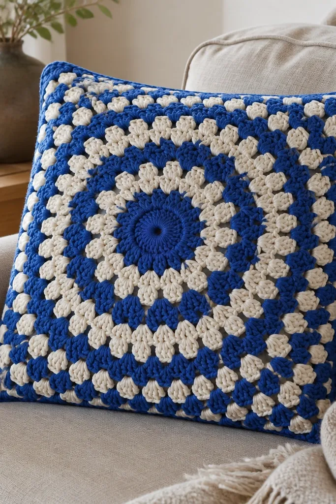 Cream pillow cover with oversized granny circle pattern and dark outline