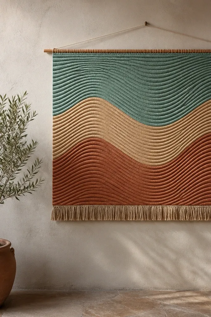 Wall hanging with horizontal ripple waves and small straight fringe
