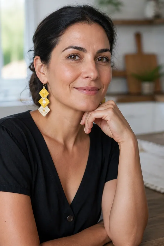 Small geometric crochet drop earrings in off-white and black