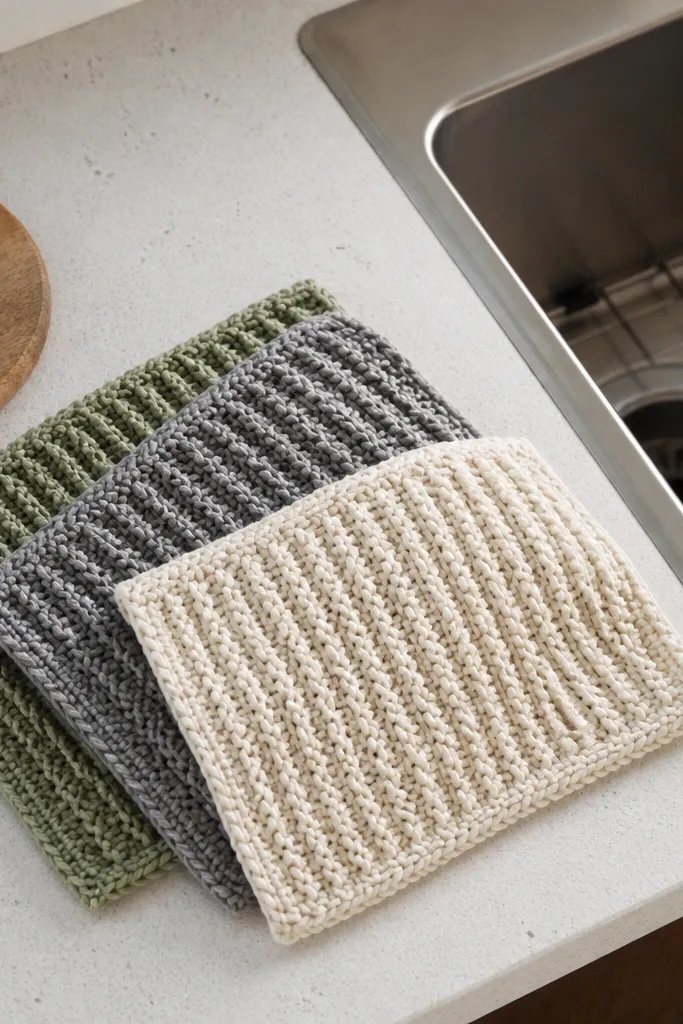 Set of textured crochet dishcloths with cream and gray color blocks