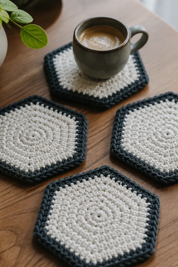 Hexagon crochet coasters in neutral tones with matte dark edges
