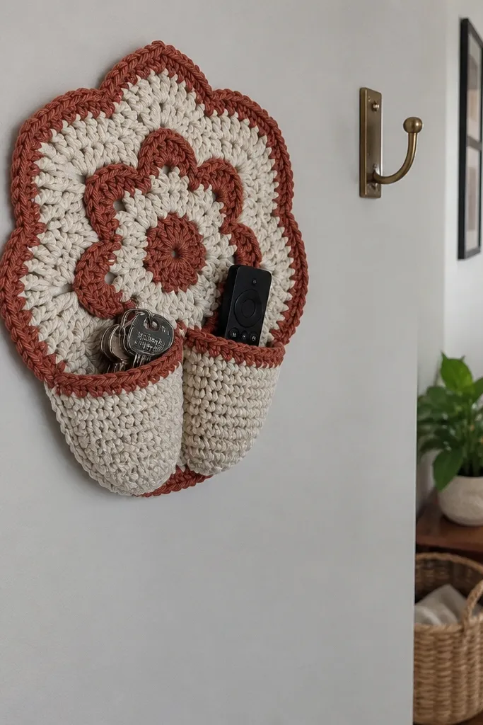 Two-tone crochet wall pocket with circular mandala shape and flat pockets