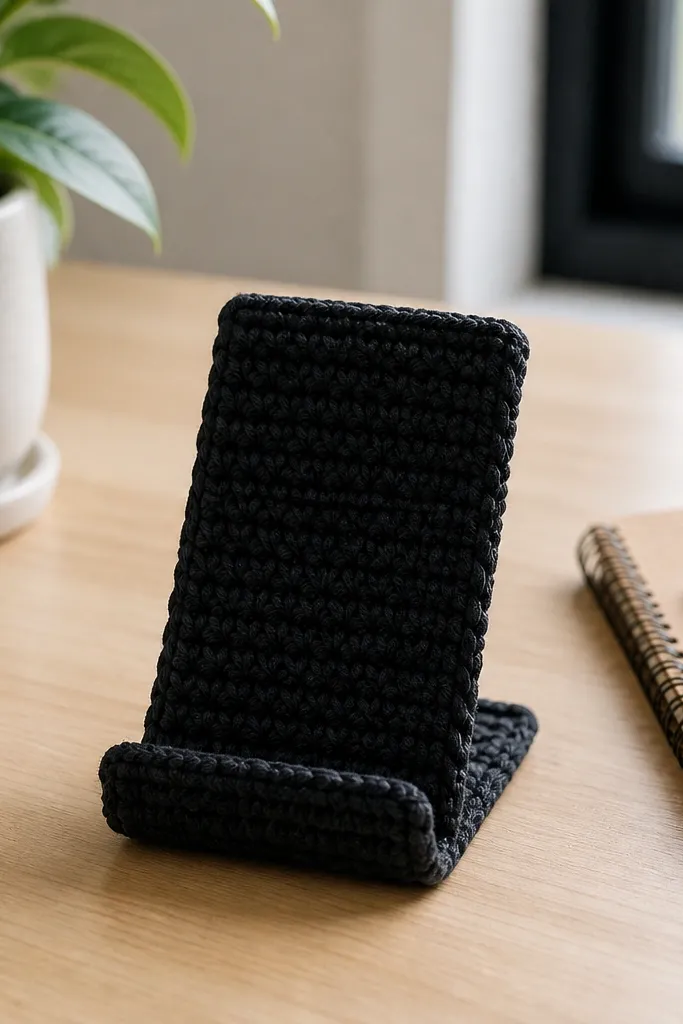 Fold-over crochet phone stand in charcoal with a neat top lip