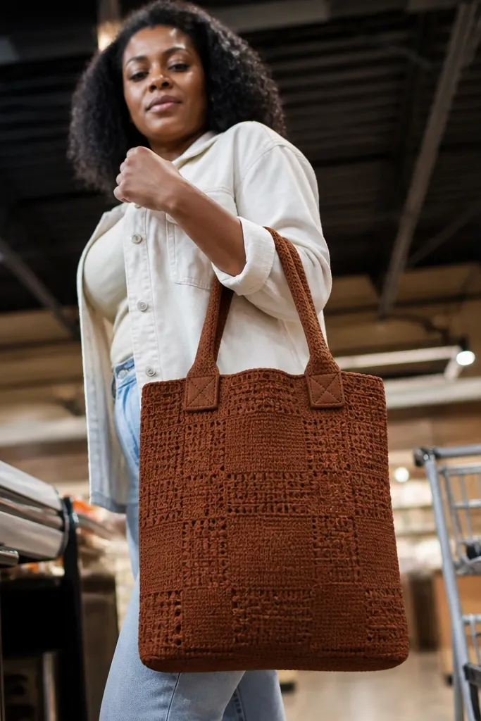 Charcoal crochet market bag with square stitch texture and sturdy straps