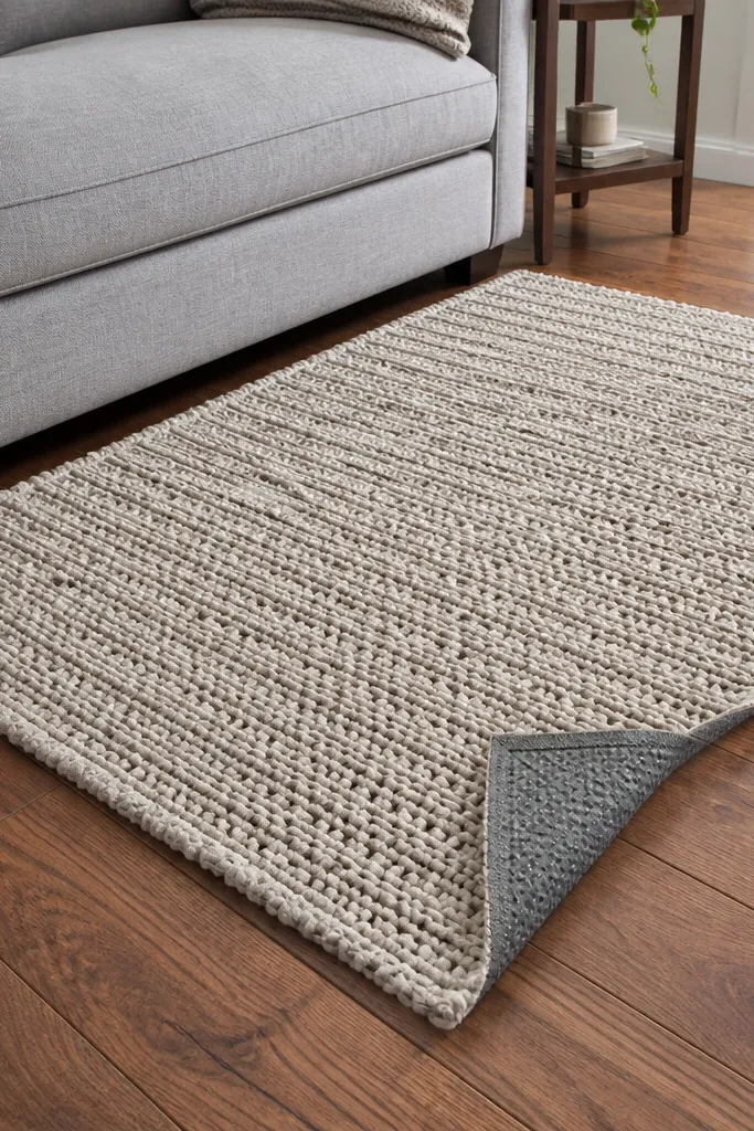 Neutral crochet rug mat with textured loops and non-slip backing