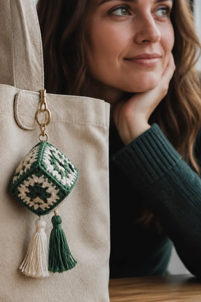 Small crochet keychain charm in two colors with short tassels