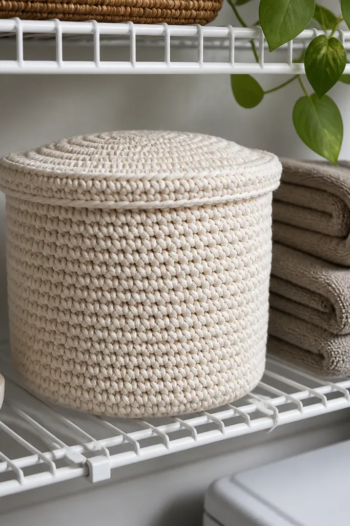 Neutral crochet storage basket with a clean rim and optional lid