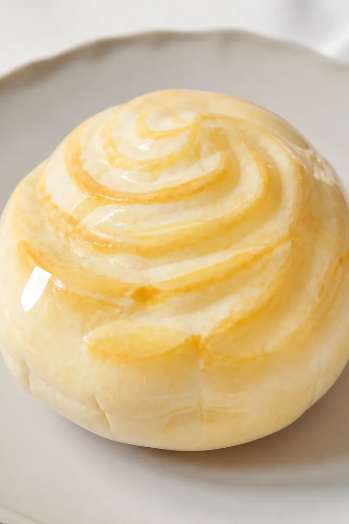 A round cream puff paper squishy with a pale cream base, thin golden "vanilla" swirls on top, and a glossy clear finish that reflects light like a real dessert. The puff has soft rounded edges and a tiny paper highlight on the left side.