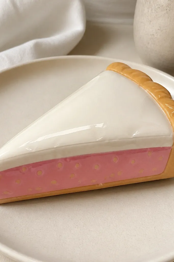 A slice-shaped paper squishy with three visible layers: pale whipped cream, a pink strawberry layer with tiny seed dots, and a golden crust edge. The surface is sealed glossy and shows a smooth highlight along the top.