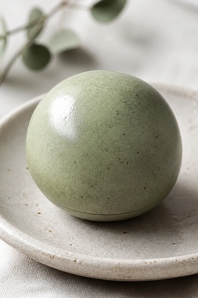 A round mochi-style paper squishy in muted sage green, with a soft matte-to-semi-gloss finish and a few tiny darker specks like matcha powder. A subtle white highlight sits on the upper left.