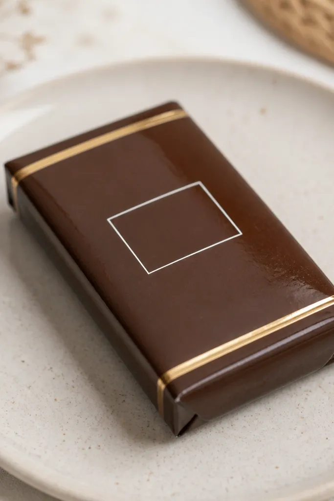 A small rectangular paper squishy shaped like a chocolate bar. The top has a deep brown glossy surface with thin gold foil bands near the edges and a simple white logo rectangle in the center.