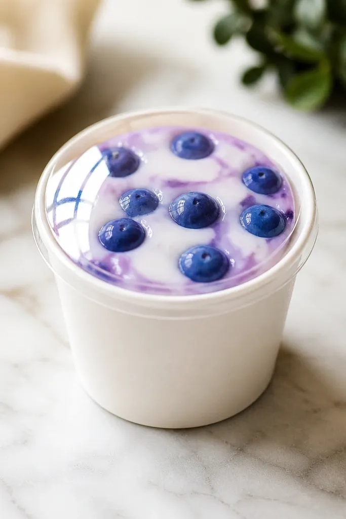 A small cup-shaped paper squishy with a translucent-looking lid area. Inside, there are glossy blue berry dots and a pale yogurt swirl. The lid has a bright reflective highlight.
