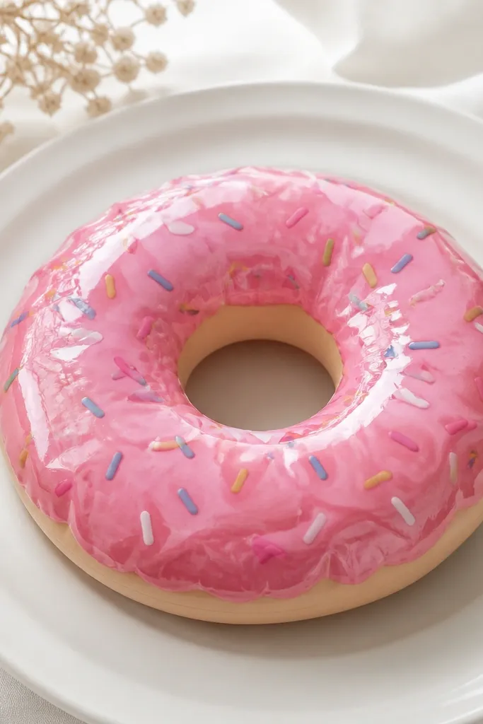 A donut-shaped paper squishy with a soft pink glaze, subtle darker pink shading near the edges, and lots of tiny sprinkles drawn as thin lines. The donut has a glossy top finish and a clean hole center.