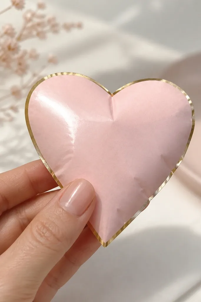 A heart-shaped paper squishy in soft blush pink with a thin metallic gold border along the edges. The surface is glossy, and there's a small white highlight on the upper left.