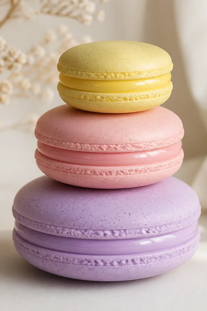 Three macaron-shaped paper squishies stacked or grouped: small, medium, and large. Each has a matte pastel shell with a glossy filling center, and the shells have tiny speck textures and clean piped edges.