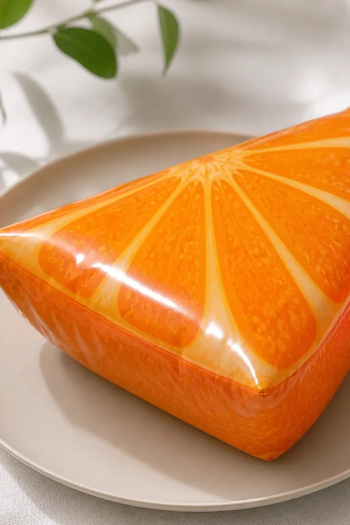 A wedge-like orange slice paper squishy with a bright orange top, pale pith lines radiating outward, and tiny darker orange segments. The surface is sealed glossy with a smooth highlight.