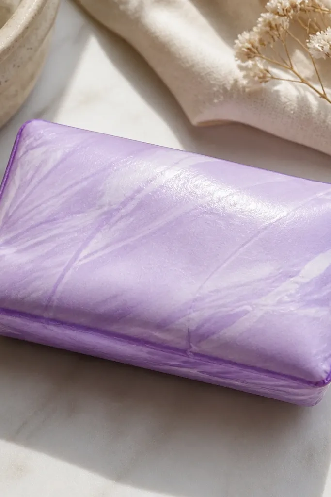 A rectangular soap-bar shaped paper squishy in lavender with marbled white and pale purple swirls. The surface is satin-gloss, and there's a thin darker purple edge shading around the sides.