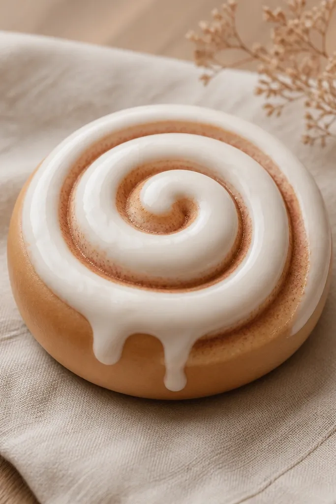 A spiral cinnamon roll paper squishy with a warm tan base and a thick white icing coil across the top. The icing has a glossy sheen and small drips near one edge.