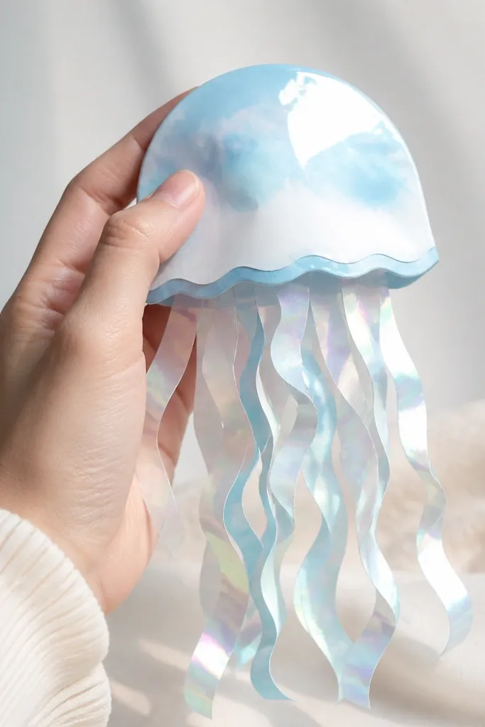 A jellyfish-shaped paper squishy with a soft white-and-light-blue body and long tentacles made from iridescent paper strips. The body is glossy and shows a bright reflection near the top.