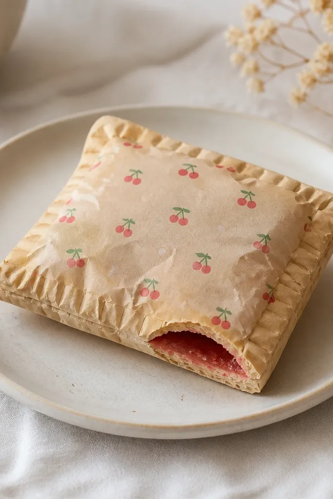 A pop-tart shaped paper squishy in warm beige with a cherry filling center. The edges look slightly crimped, and the top has a glossy glaze with tiny cherry dots.