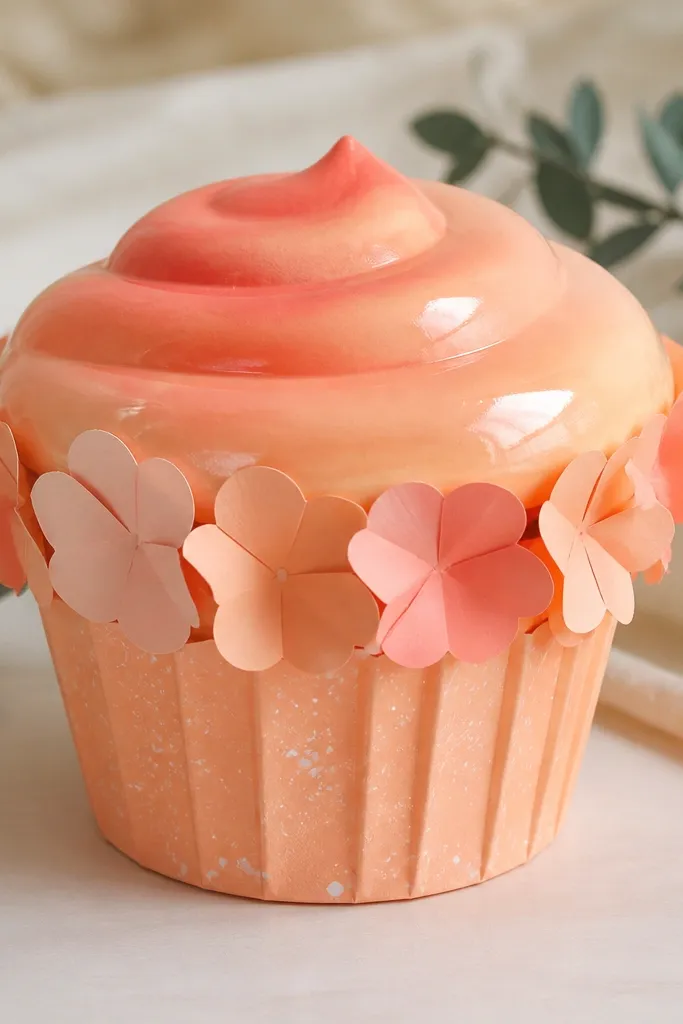 A cupcake-shaped paper squishy with a peach gradient frosting top and small petal-like paper cutouts around the sides. The frosting looks glossy, and the cupcake wrapper has subtle white speckles.