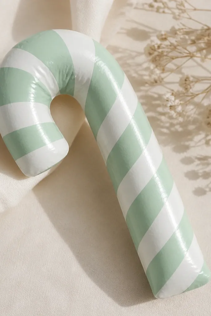 A candy cane shaped paper squishy with mint green and white diagonal stripes. The surface is glossy and has a long reflective highlight line down the curve.