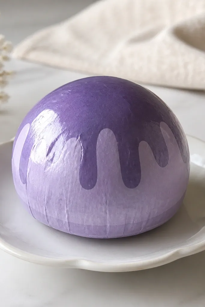 A round scoop-shaped paper squishy in soft purple with a darker grape drip pattern near the top. The surface is glossy and shows a bright highlight.