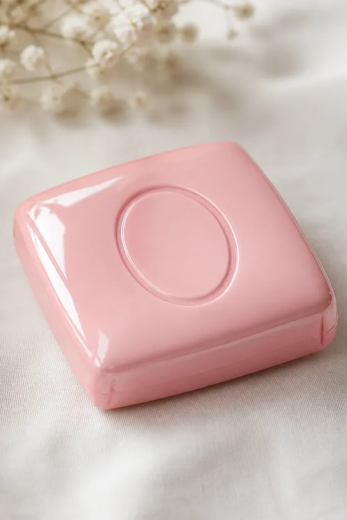 A small square compact-shaped paper squishy with a rosy pink top. The top has a faux engraved oval logo in a slightly darker pink, and the surface is glossy with a mirror-like highlight.