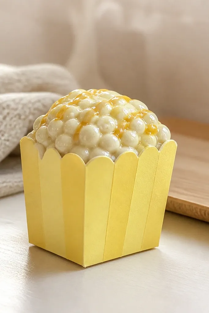 A small popcorn bucket squishy made of paper, colored butter yellow with a glossy top. Popcorn pieces are represented by small off-white dots, and there's a thin golden butter drizzle line on top.