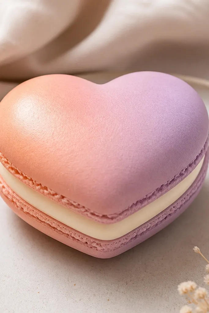 A heart-shaped squishy with two macaron-like shells in a peach-to-lavender gradient. The center filling is a glossy pale cream, and the heart has a clean outline and small highlight.