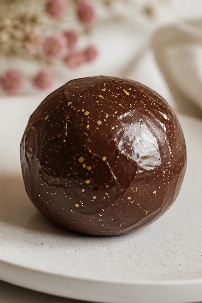 A round truffle-shaped paper squishy in deep chocolate brown with a few scattered gold specks. The surface is glossy and shows a soft highlight on one side.