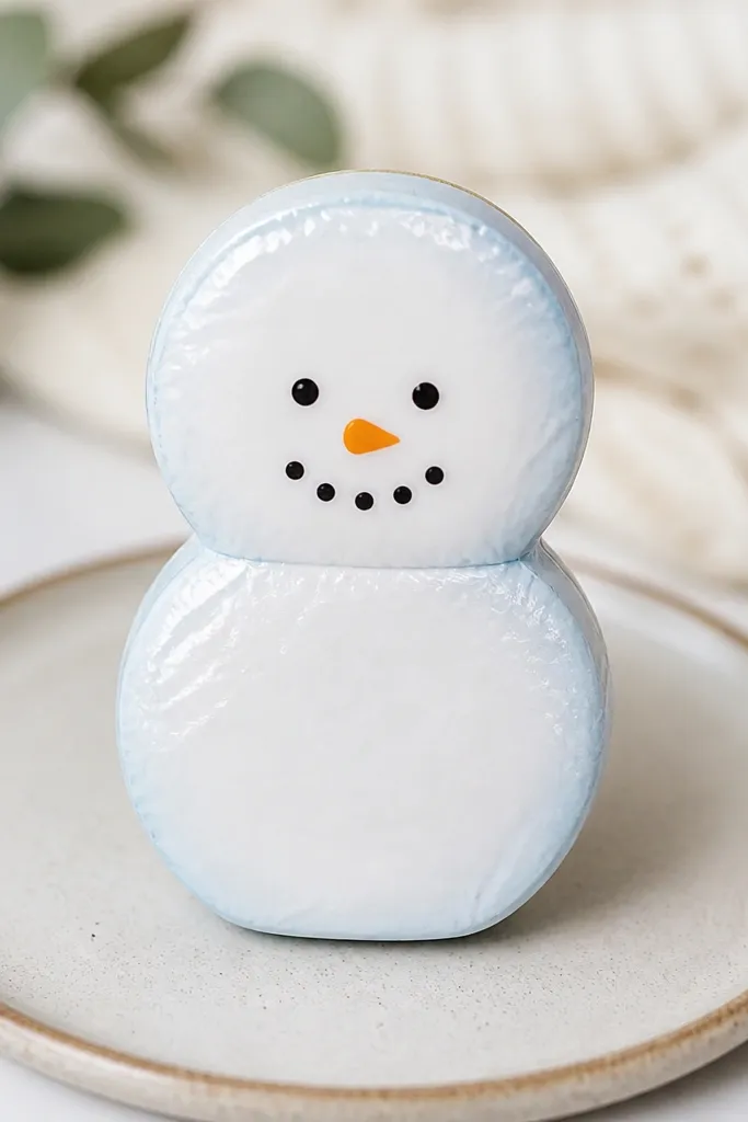 A snowman-shaped paper squishy with two stacked marshmallow-like circles. The body is white with subtle blue shading at the edges and a glossy top that looks frosted. The face has simple black dots and a tiny orange nose.